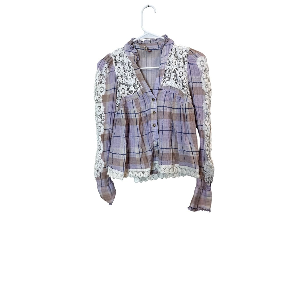 Free People Blouse Womens XS Purple Plaid Crochet Lace Long Sleeve Top Boho